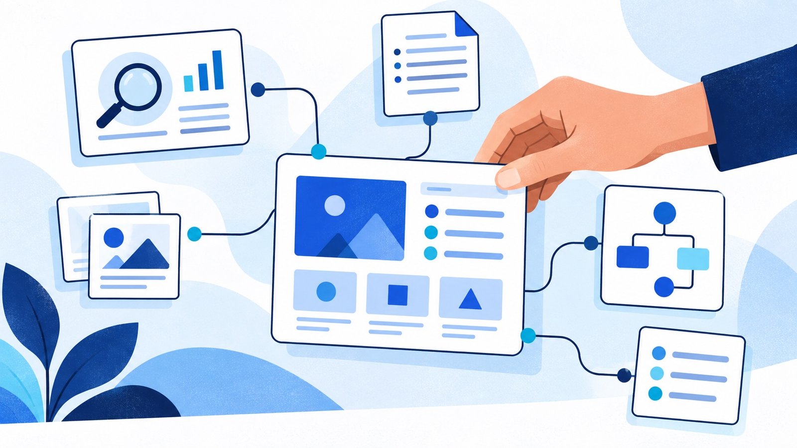 Concept illustration of research, documentation and prototype agents connected with a human reviewer