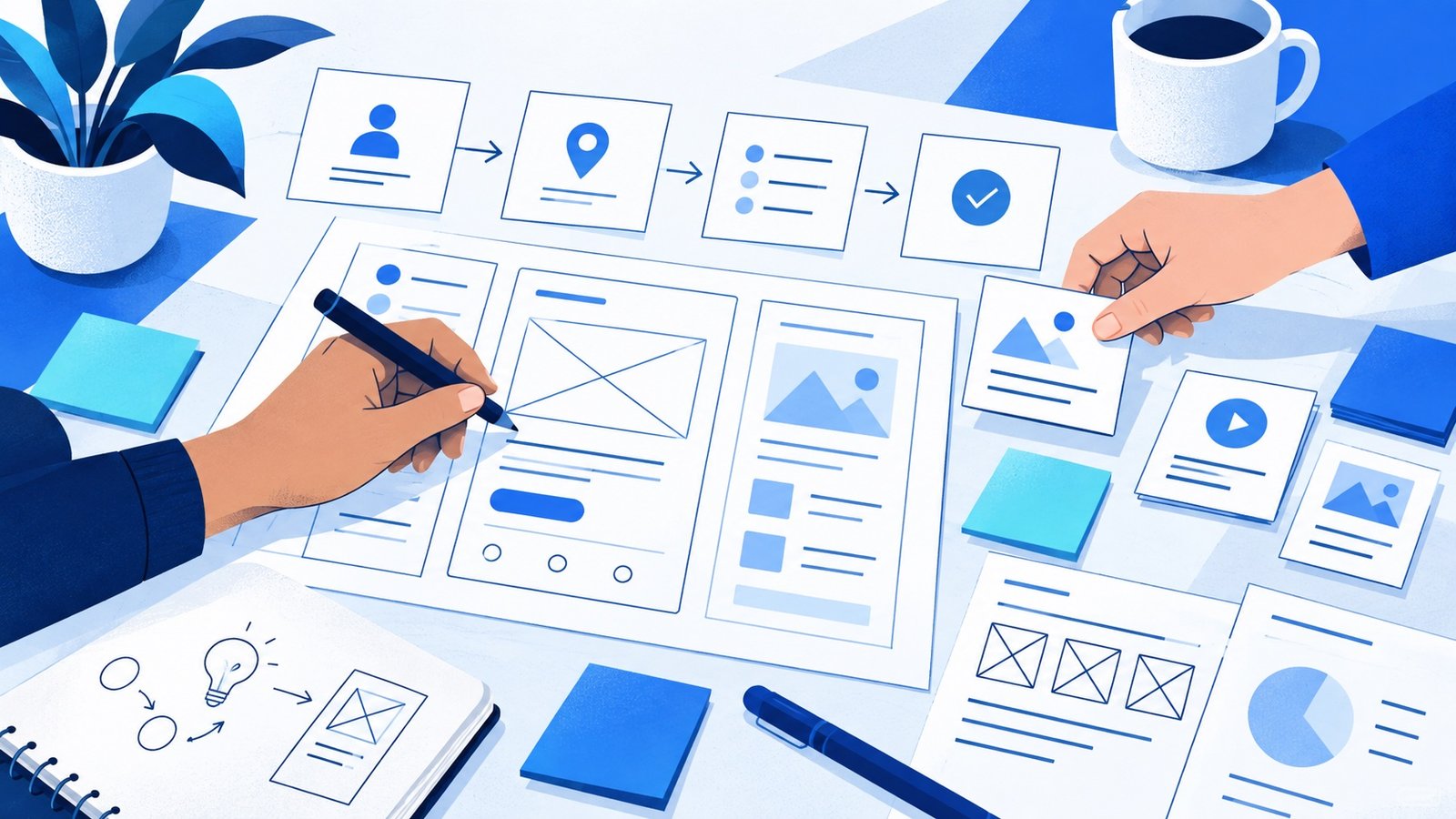 Editorial illustration of collaborative product discovery with wireframes and a user journey